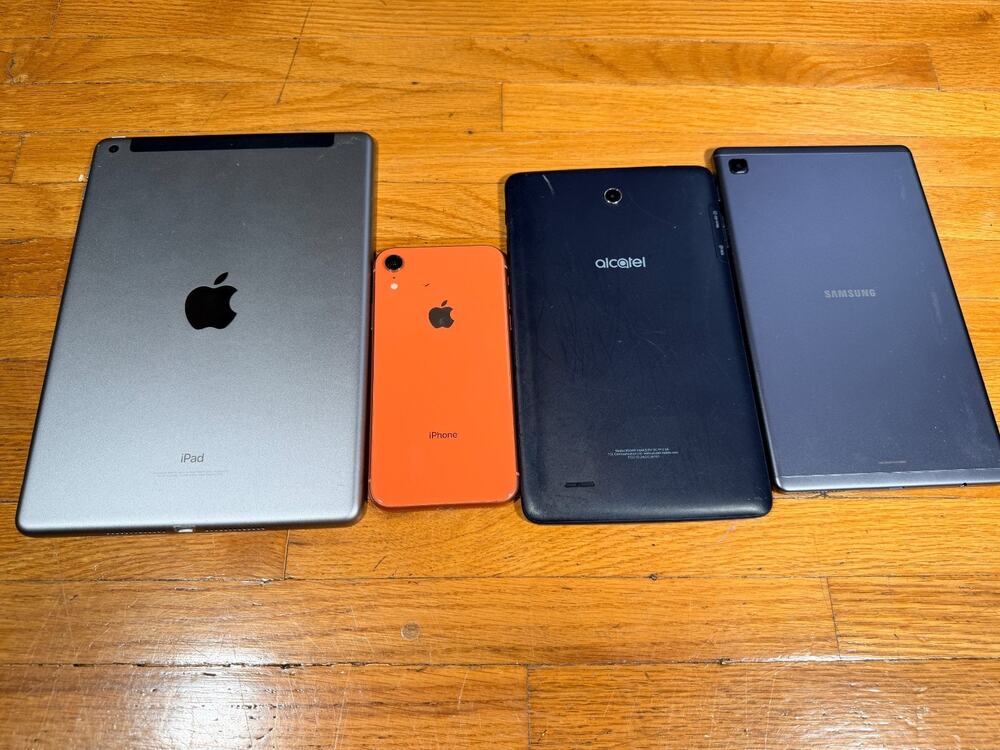 Lot of 4 Apple, Samsung & Alcatel Devices – All Power On – Parts or Repair